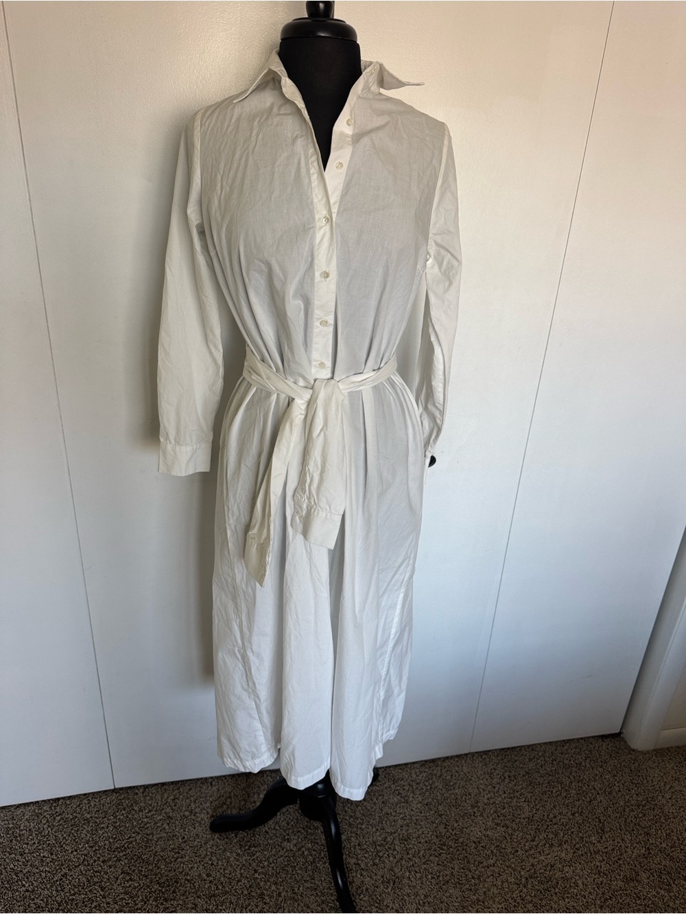 Chan Luu White Belted Midi Long Sleeve Shirt Dress Minimalist